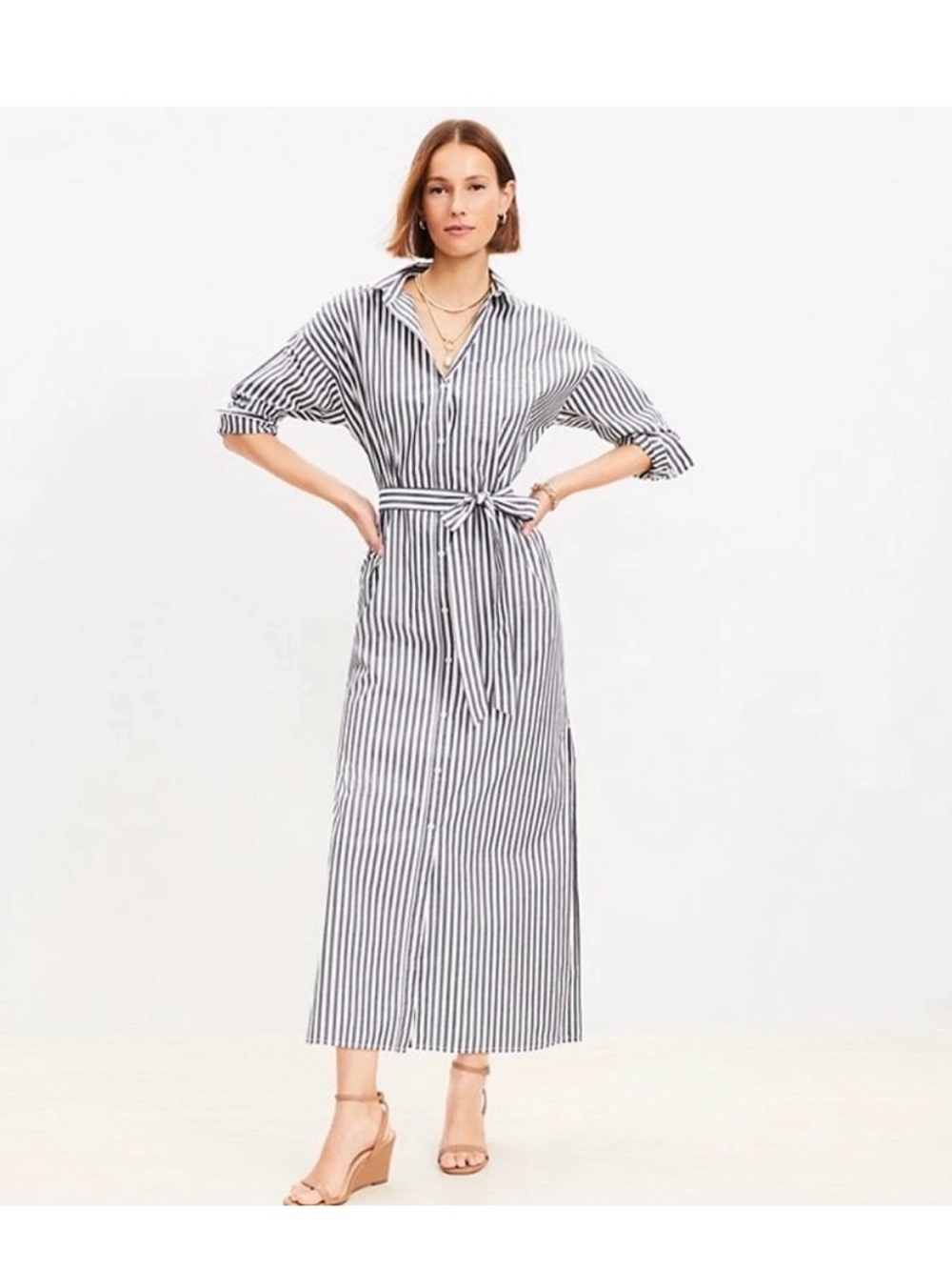 NWT Loft Striped Shirt Maxi Dress with Tie Waist - Grey & White